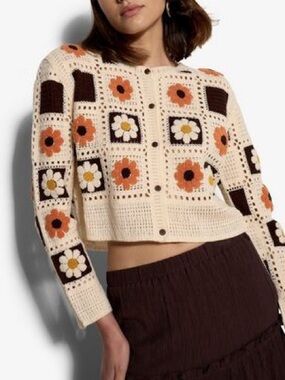 Everleigh Cream Crochet Floral Cardigan Sweater with Red & Brown Accents
